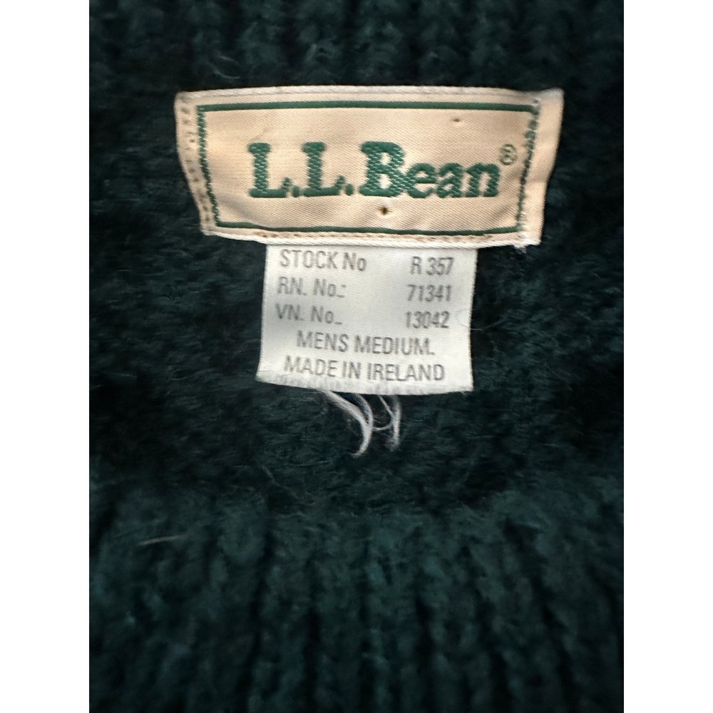 Vtg LL Bean Cable Knit Fisherman Sweater M Green Chunky Ireland Heritage Wool - Picture 3 of 9